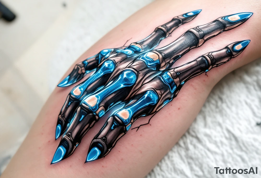 A hybrid hand revealing graphite-colored artificial tendons under realistic shaded skin, accented with electric-blue joints. tattoo idea