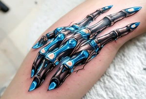 A hybrid hand revealing graphite-colored artificial tendons under realistic shaded skin, accented with electric-blue joints. tattoo idea