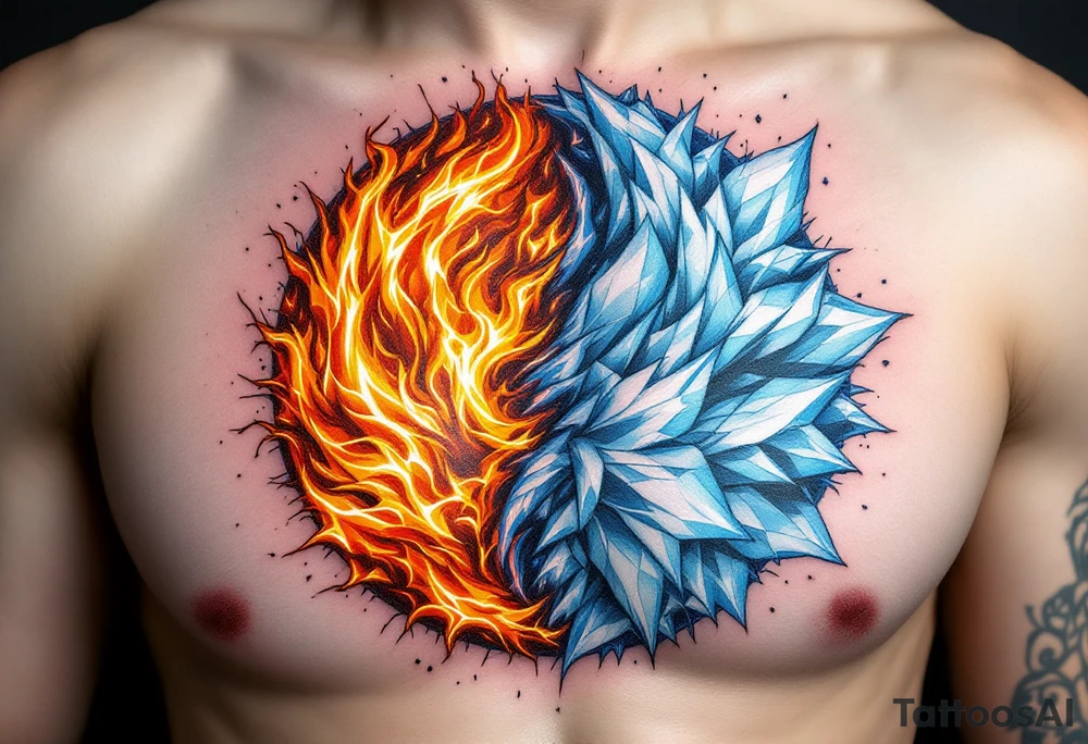 A circle made of fire and ice: one half glowing orange-red, the other pale blue and white. tattoo idea