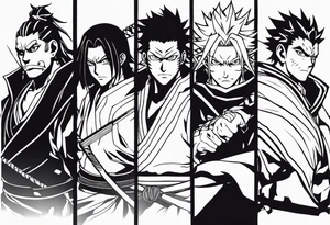 Can you create a full sleeve with Muichiro, Obanai, Rengoku and Giyuu from Demon Slayer and Choso, Gojo and Megumi from Jujutsu Kaisen tattoo idea