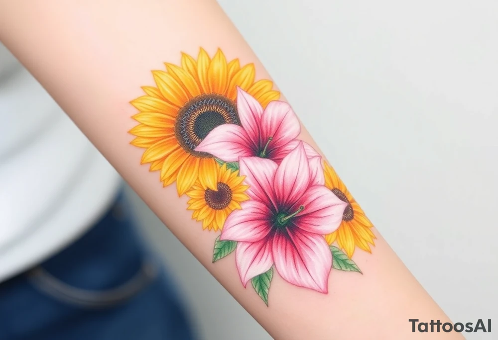 Sunflowers and stargazer lillies in pink and white in a dainty wildflower bouquet tattoo idea