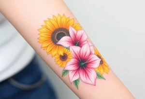 Sunflowers and stargazer lillies in pink and white in a dainty wildflower bouquet tattoo idea