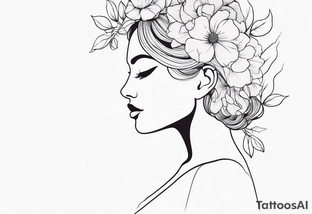 fine line tattoo with woman with flowers growing out of her head tattoo idea