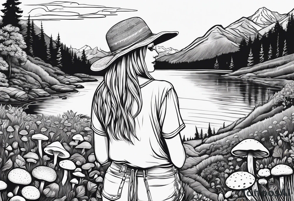 Straight long blonde hair hippie girl in distance holding mushrooms in hand facing away toward mountains and creek surrounded by mushrooms tee shirt and hiking pants tattoo idea