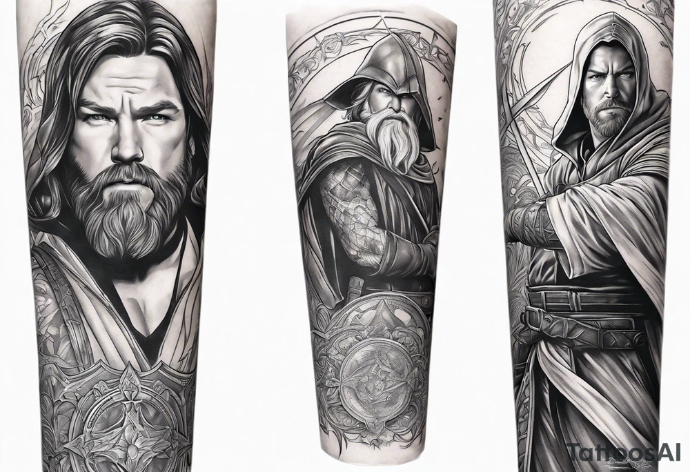 Full arm sleeve tattoo extending from shoulder to wrist featuring young Obi Wan Kenobi battling Ben Affleck's Batman at Helms Deep from Lord of the Rings tattoo idea