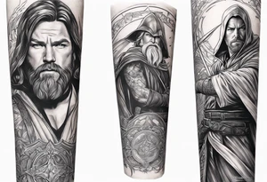 Full arm sleeve tattoo extending from shoulder to wrist featuring young Obi Wan Kenobi battling Ben Affleck's Batman at Helms Deep from Lord of the Rings tattoo idea