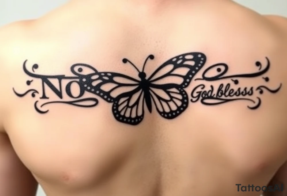 The words No Rush with a monarch butterfly in the same tatto with the words God Bless with a fishing pole. Tattoo is masculine for the upper arm. More artistic tattoo idea