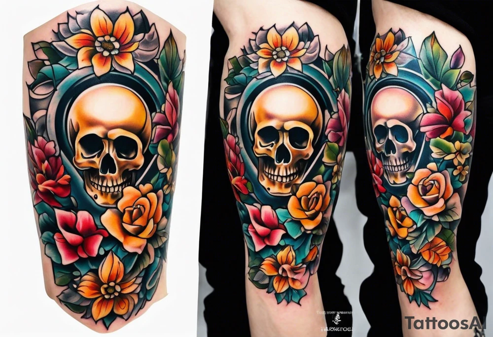 Old school center Knee tattoo with realistic skull, various flowers, water and fall colors tattoo idea