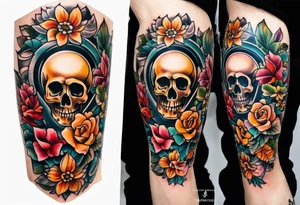 Old school center Knee tattoo with realistic skull, various flowers, water and fall colors tattoo idea
