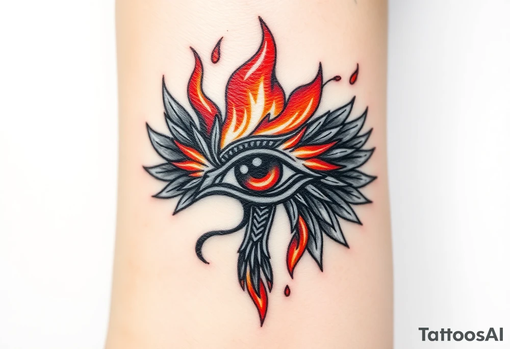 A fire-themed Eye of Horus, with glowing orange and red flames dancing around, symbolizing transformation and power tattoo idea