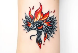 A fire-themed Eye of Horus, with glowing orange and red flames dancing around, symbolizing transformation and power tattoo idea