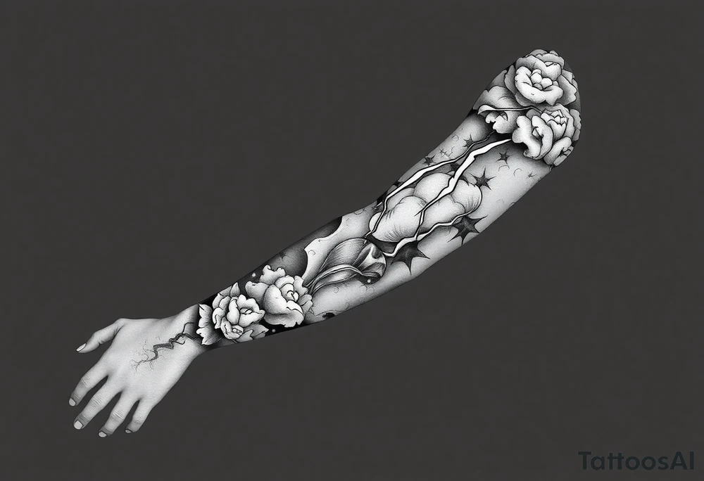 right arm sleeve, storm clouds and lightning mixed throughout, tattoo idea