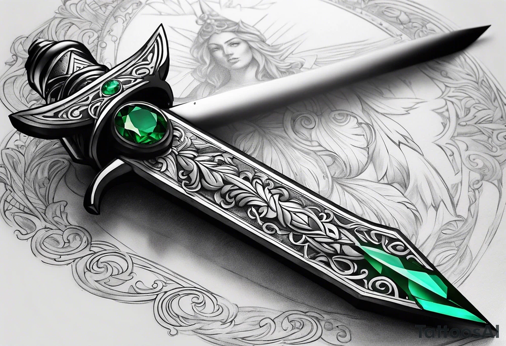 An athame dagger with the hilt turned upward and an emerald gemstone on the hilt tattoo idea