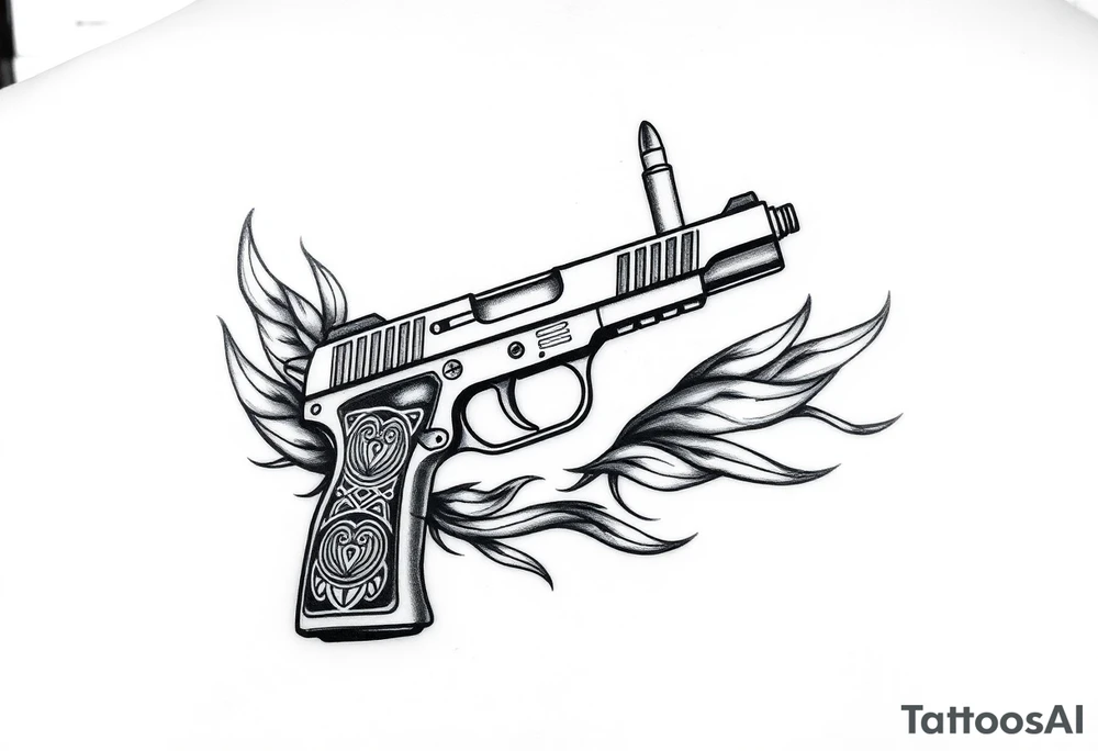 9mm gun with Egyptian detail on handle gun surrounded by flames and two bullets shooting out of gun tattoo idea