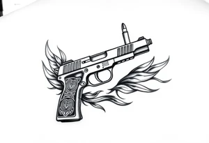 9mm gun with Egyptian detail on handle gun surrounded by flames and two bullets shooting out of gun tattoo idea