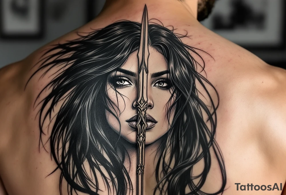 american indian woman face with black hair behind trident tattoo idea