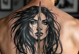 american indian woman face with black hair behind trident tattoo idea