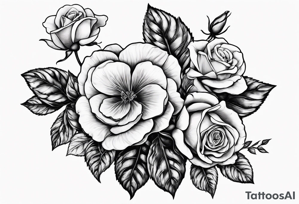 3 violets with greenery with a rose tattoo idea