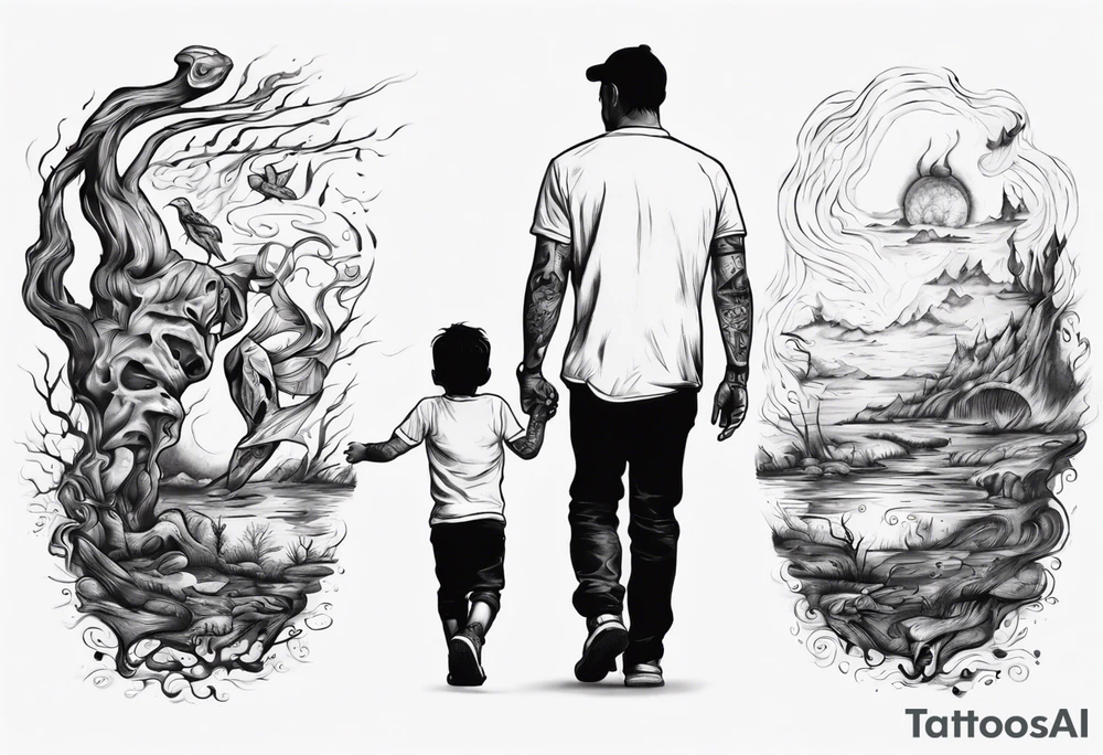 dad and son walks away contour tattoo idea