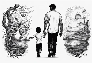dad and son walks away contour tattoo idea