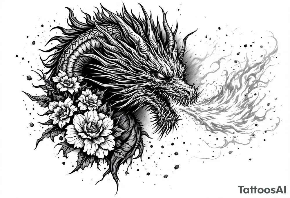 majestic scary dragon blowing fire with flowers tattoo idea