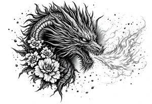 majestic scary dragon blowing fire with flowers tattoo idea