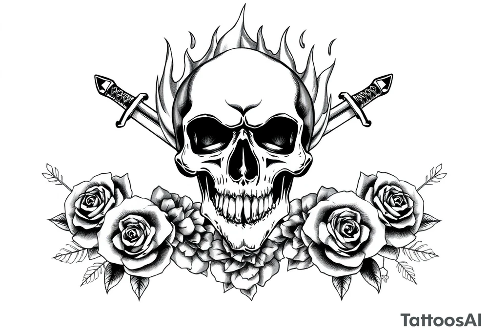 Skull engulfed in flames, crossed swords behind, blooming roses. tattoo idea