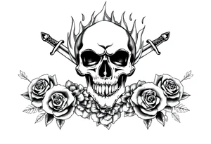 Skull engulfed in flames, crossed swords behind, blooming roses. tattoo idea