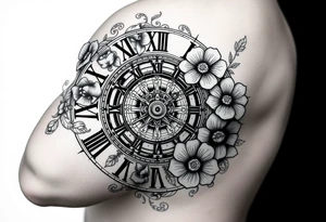 vintage roman numerals within ornate clockwork mechanism, with spaces for names, flowers tattoo idea