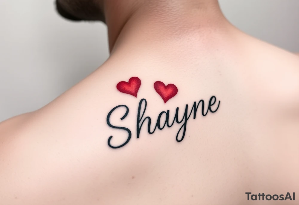 Shayne written with red hearts simple yet beautiful on left side on my shoulder tattoo idea