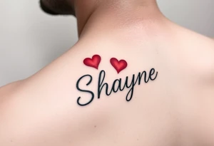 Shayne written with red hearts simple yet beautiful on left side on my shoulder tattoo idea