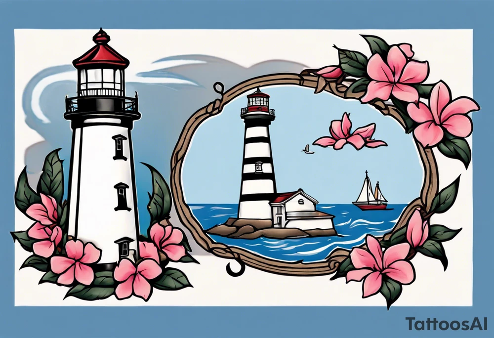 Sailor Jerry tattoo of a light house bordered by magnolia flowers and rope. Behind the light house is a periwinkle blue cancer awareness ribbon tattoo idea
