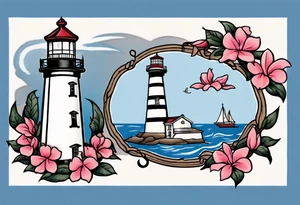Sailor Jerry tattoo of a light house bordered by magnolia flowers and rope. Behind the light house is a periwinkle blue cancer awareness ribbon tattoo idea