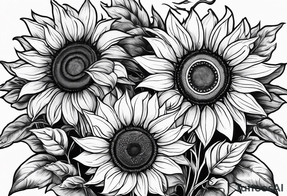 Beautiful symmetrical trail of sunflowers with the word NAJE in the middle tattoo idea