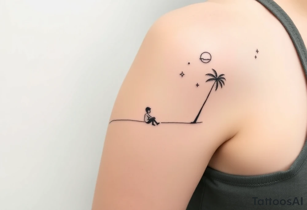 Create a minimalist tattoo design that wraps around the upper right arm, just below the armpit and above an existing blackwork sleeve.

Design Flow:

The tattoo is connected by a thin, continuous line that wraps around the arm.

On the outer/front arm, place a small, minimal walking figure on the line, moving forward. The line should have a gentle wave under his steps to create movement.

The line continues to the inner arm, where a boy is sitting on the line (with his back to the viewer, legs dangling below the line).

To the right of the boy, place a slightly leaning palm tree growing from the line.

Behind or beside the tree, include a minimal sun, low on the horizon (simple circle or half-sun).

In the space above, softly scatter minimalist stars, mostly dots, with 2–3 sparkles or tiny diamond shapes.

Style Notes:

Keep everything in fine line / minimalist style, no heavy shading

Design should feel light, dreamy, and reflective — symbolizing balance between stillness and motion

Line should echo the flow of the existing tribal/blackwork arm band below, but not mimic or clash with it tattoo idea