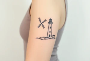 Windmill and lighthouse intertwined tattoo idea