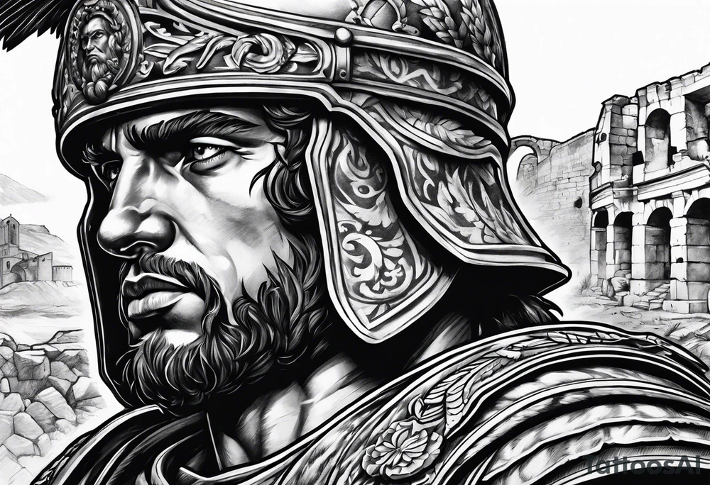 Close up of roman solider with ruins in the background tattoo idea