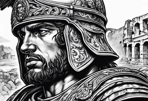 Close up of roman solider with ruins in the background tattoo idea