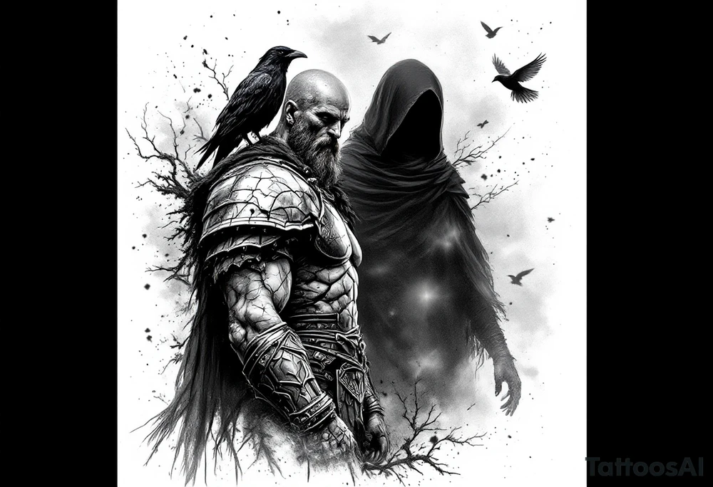 A black and grey tattoo sleeve design symbolizing silent battles and resilience. A worn gladiator with cracks in his armor stands tall, battle-weary but unbroken. Behind him, a shadowy figure represents the unseen struggles, partially obscured in mist. A single raven sits on his shoulder, symbolizing past darkness, while a faint dove soars above, representing faith and favor. Subtle tally marks blend into the background, representing victories no one sees. The design flows naturally with a balance of dark and light elements, blending realism with a slightly surreal feel. tattoo idea
