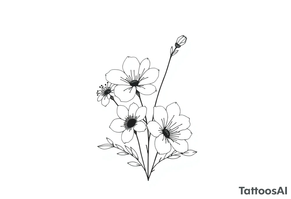 two july birth flowers, one november birth flower and a december birth flower in a boquet tattoo idea