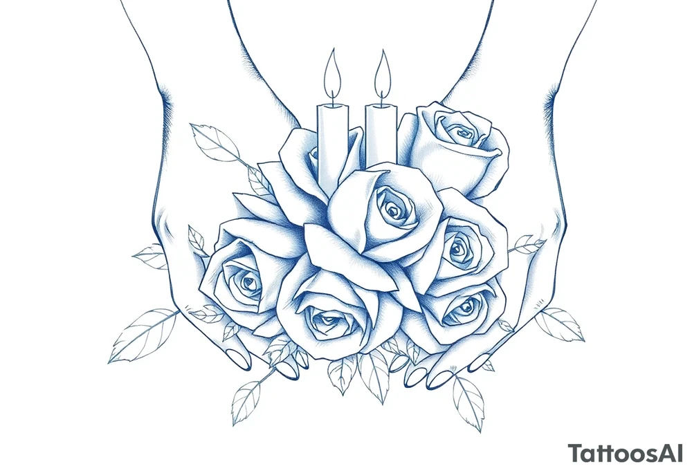 Two hands, two roses, two candles, blue tattoo idea