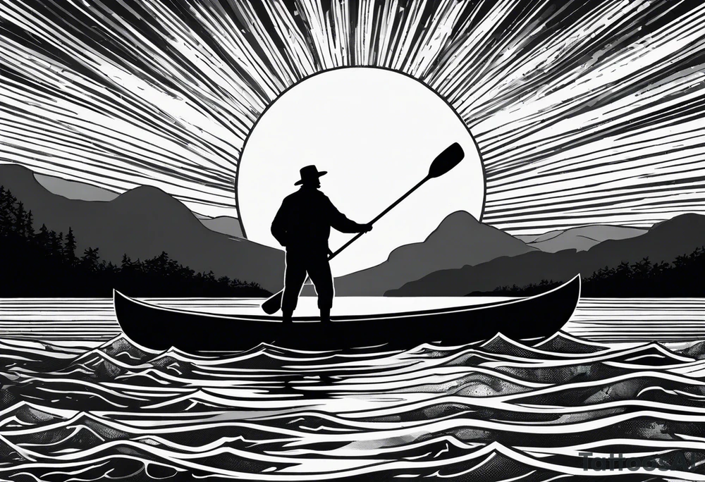 pictured from behind, average sized silhouette man with arms fully extended straight out to the side at chest level, standing on top of modestly sized canoe on the water with a sun above his head. tattoo idea