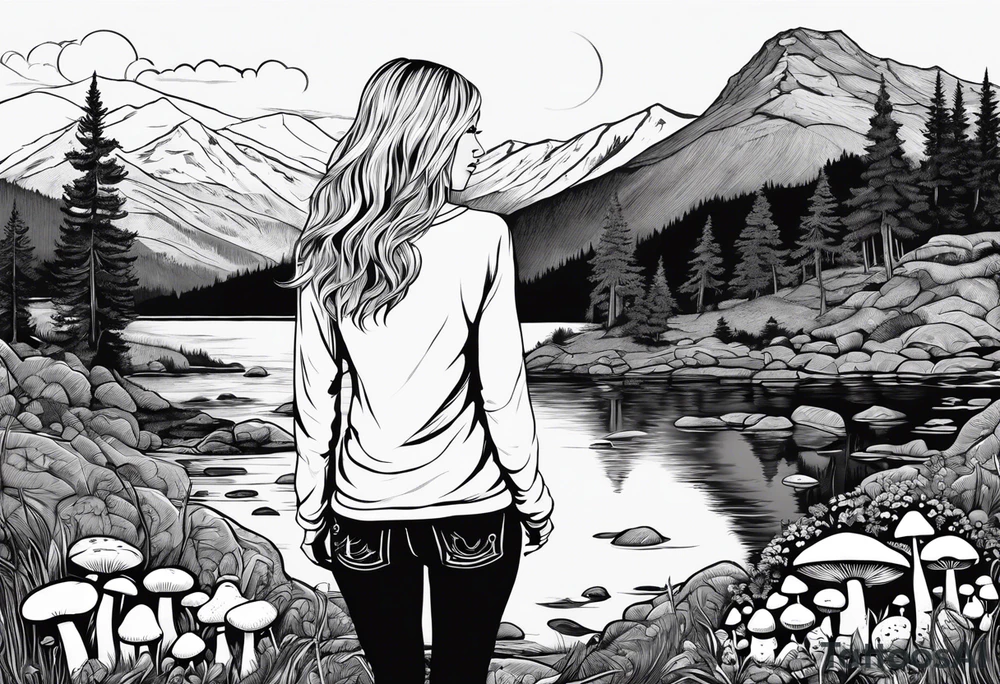 Whole picture encircled fully

Straight long blonde hair hippie girl in distance holding mushrooms in hand facing away toward mountains and creek surrounded by mushrooms long sleeve shirt and hiking pants; whole rendering within a full circle, no cut off circle tattoo idea