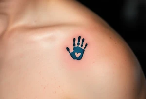 A heartbeat line in black ink ending in a tiny handprint shaded with light blue. tattoo idea