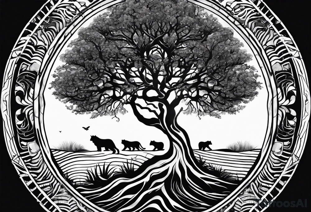 Tree of life with the roots going into a tigers stripes tattoo idea