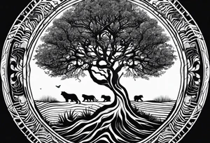 Tree of life with the roots going into a tigers stripes tattoo idea