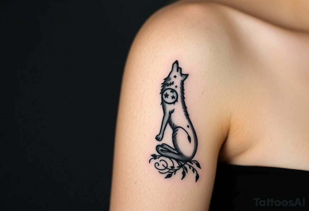 Lone wolf howling at the moon in the forest in the night Columba star tattoo idea
