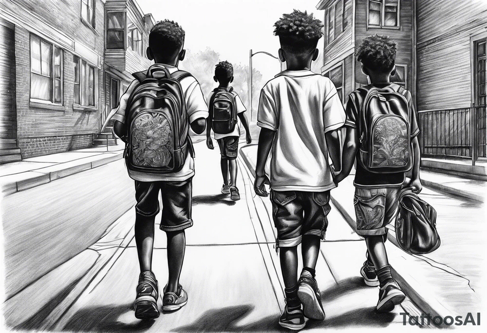 three black school age brothers walking away together down a street full bodies and one on the side looking at the one in the middle tattoo idea