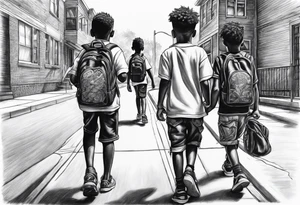 three black school age brothers walking away together down a street full bodies and one on the side looking at the one in the middle tattoo idea