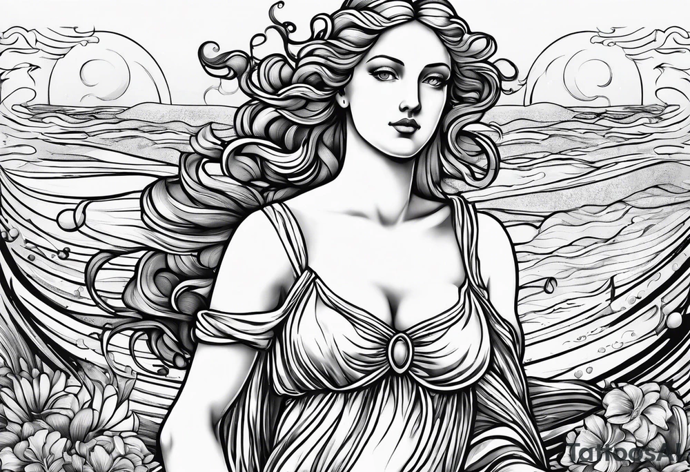 Goddess Venus full body standing in ocean tattoo idea